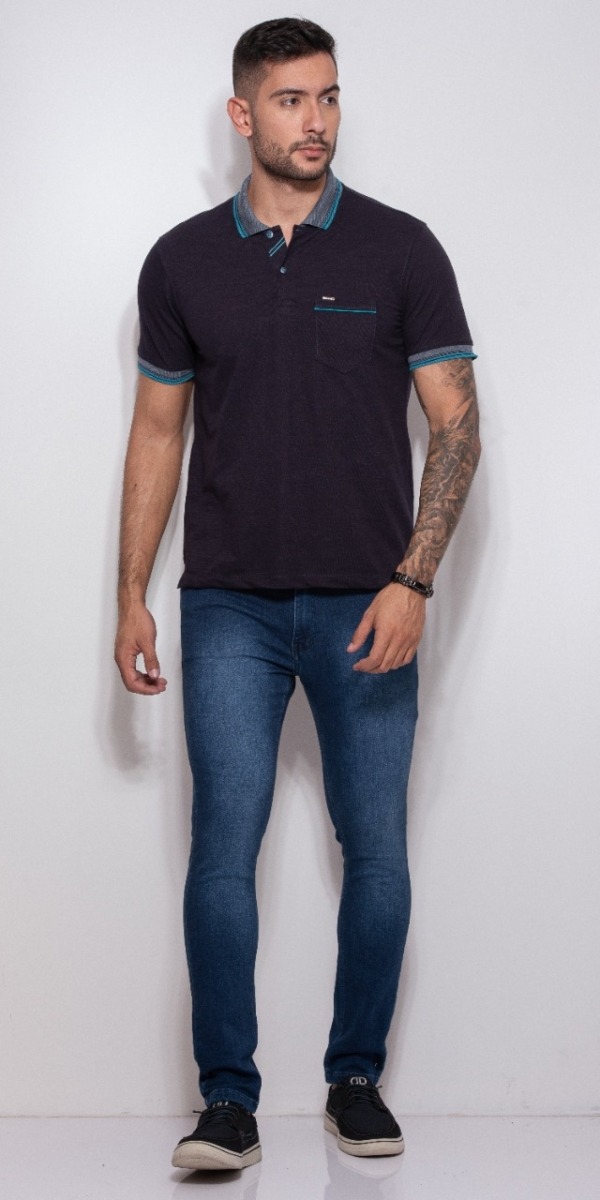 CAMISETA GOLA POLO COM BOLSO TEXTURA PIQUET MARINHO MC