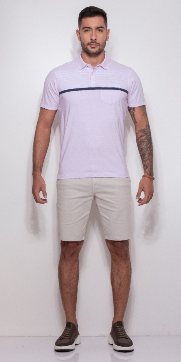 CAMISETA GOLA POLO COM BOLSO TEXTURA ROSA MC